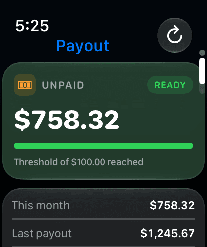 Apple Watch payout screen: $758.32 unpaid, threshold of $100 reached