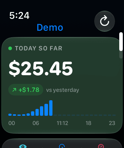 AdRadar on Apple Watch: today so far, $25.45, up $1.78 on yesterday, with an hourly chart