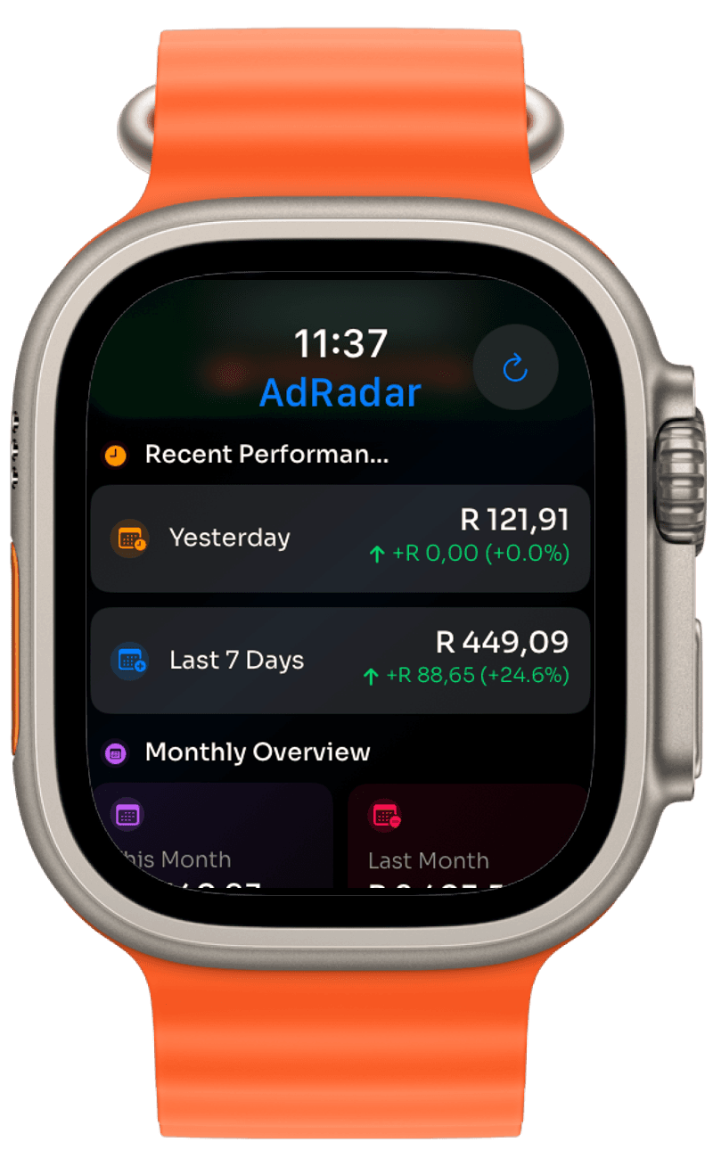 AdRadar on Apple Watch showing detailed performance metrics